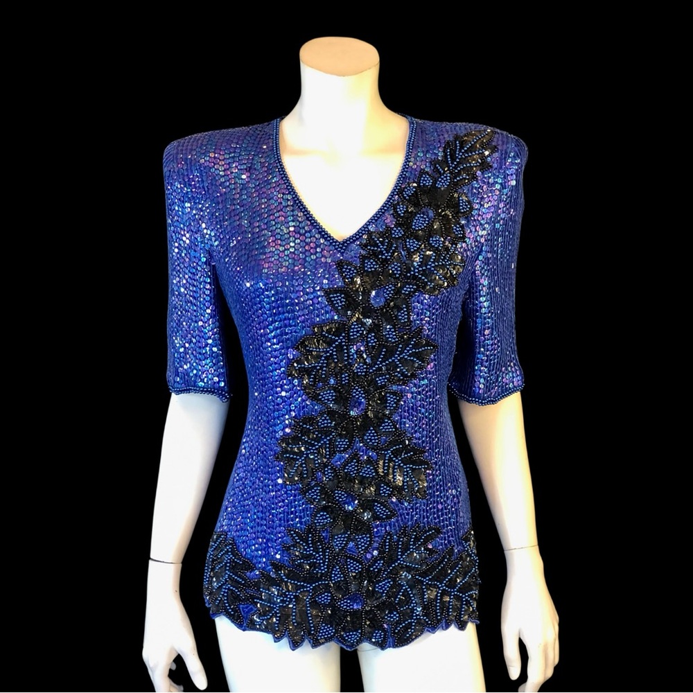 80s SEQUIN and Bead Embellished SILK Tunic by Frank Usher / S M